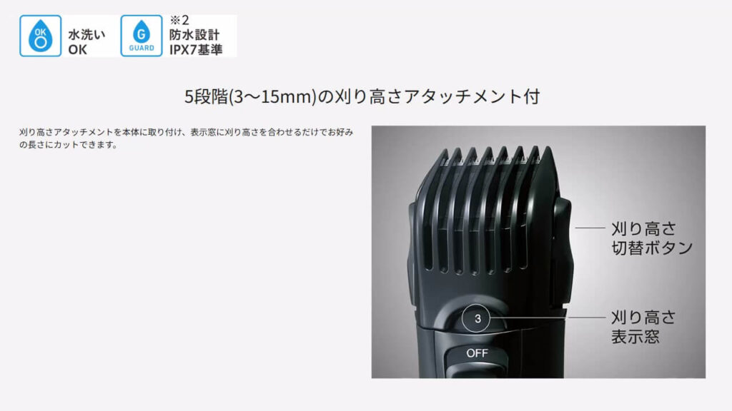 ER2403PPの公式サイトに記載された「水洗いOK」「IPX7防水設計」の表記