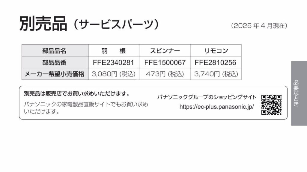 パナソニックF-C324Cの別売部品リスト（羽根・スピンナー・リモコン）の部品番号と価格を記載した表
