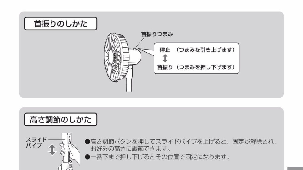 F-C324Dの首振りつまみ操作方法｜本体背面のつまみを押し下げて首振りをONにする構造