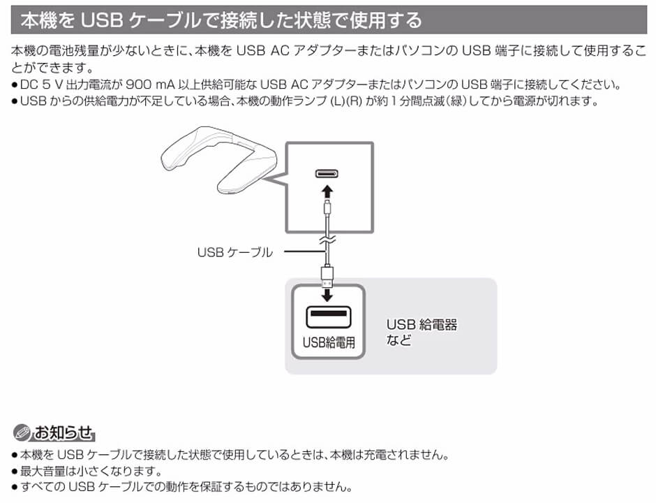 SC-GNW10SをUSBケーブルで接続して使用する際の動作と注意点（充電不可）