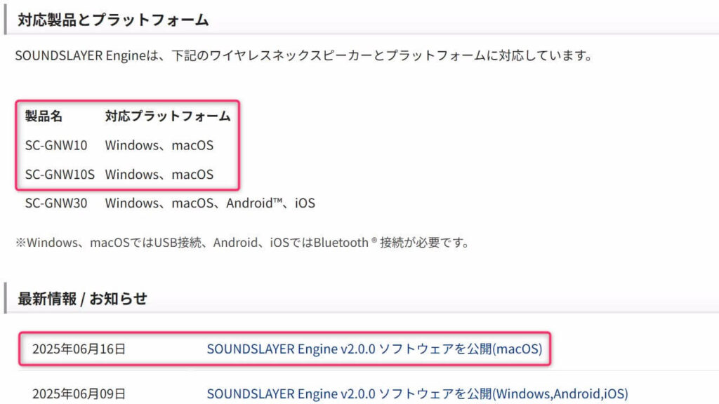 SOUNDSLAYER Engineの対応製品と対応プラットフォーム表（SC-GNW10とSC-GNW10Sの対応）