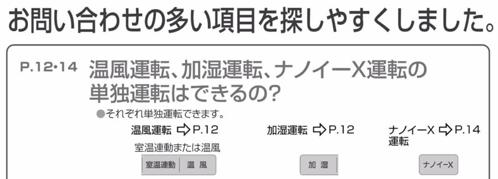DS-FKX1206 温風運転・加湿運転・ナノイーXの単独運転が可能であることを示す取扱説明書画像