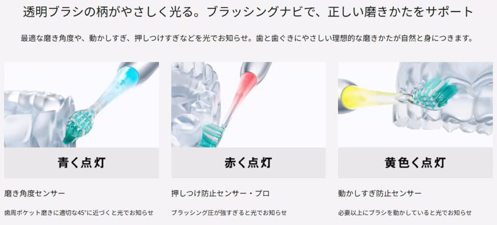 パナソニック EW-DT88 電動歯ブラシのブラッシングナビは透明な柄が光り磨き方を3色でガイド