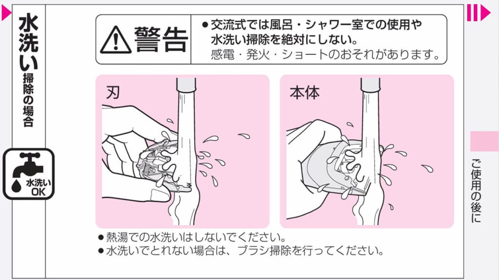 パナソニック犬用バリカンER807PP-Aを水洗いでお手入れする説明図