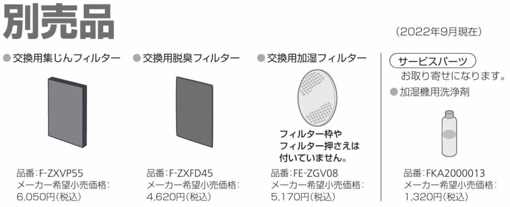 パナソニック空気清浄機F-VXV55 交換用フィルターと別売品一覧（集じんフィルター・脱臭フィルター・加湿フィルター）