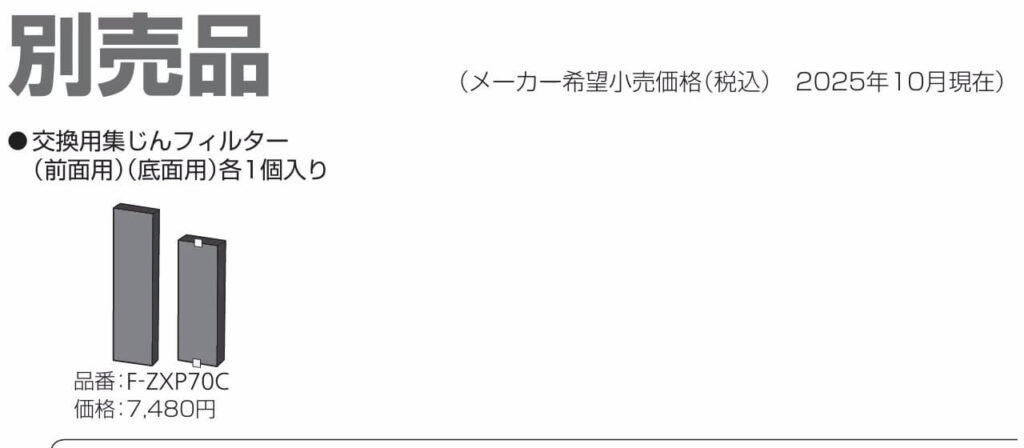 F-PX70Cの交換用フィルターと型番 取扱説明書引用