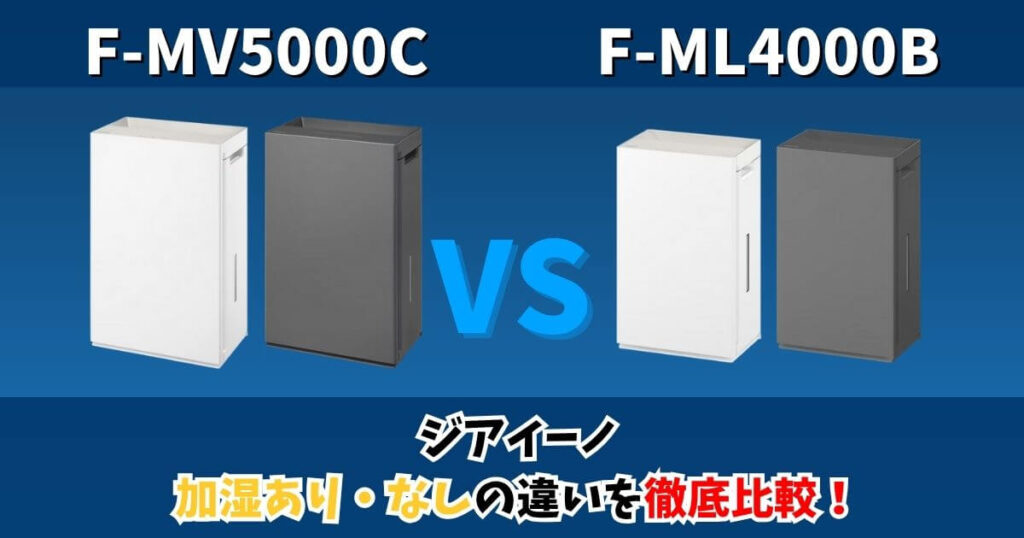 パナソニック ジアイーノ「F-MV5000C」と「F-ML4000B」の比較画像。加湿あり・なしの違いを視覚的に解説したイメージ。