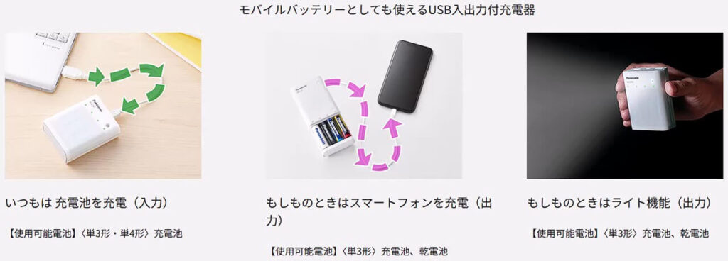 パナソニックBQ-CC91シリーズはモバイルバッテリーLEDライト充電器の1台3役に対応