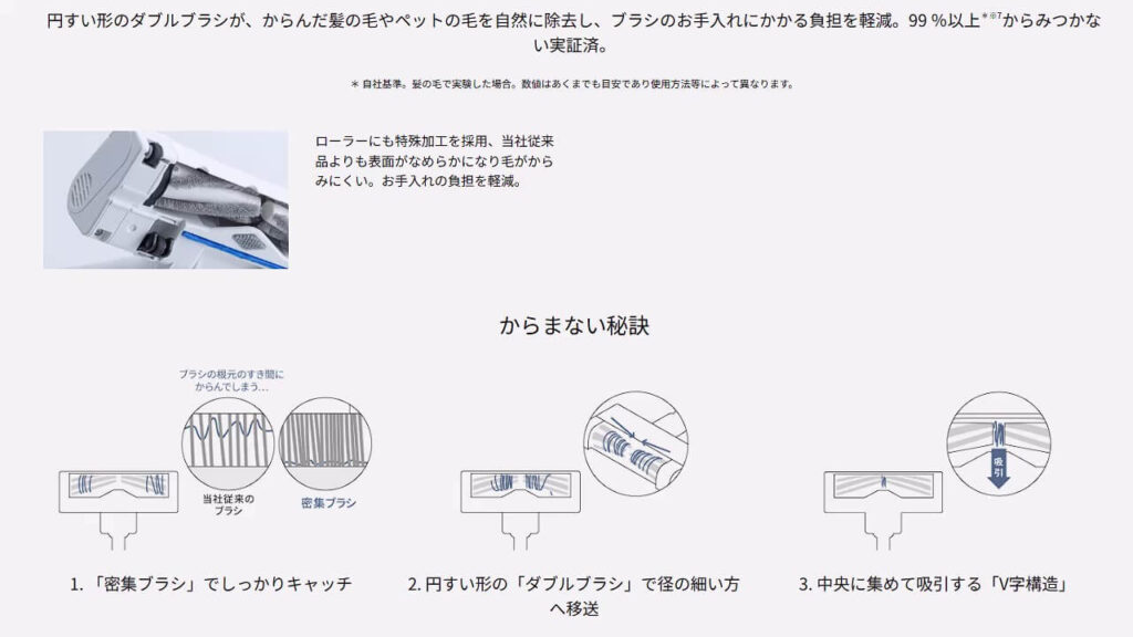 MC-NS100Kのからまないブラシ構造｜ペットの毛や髪の毛が絡みにくい円すい形ダブルブラシ