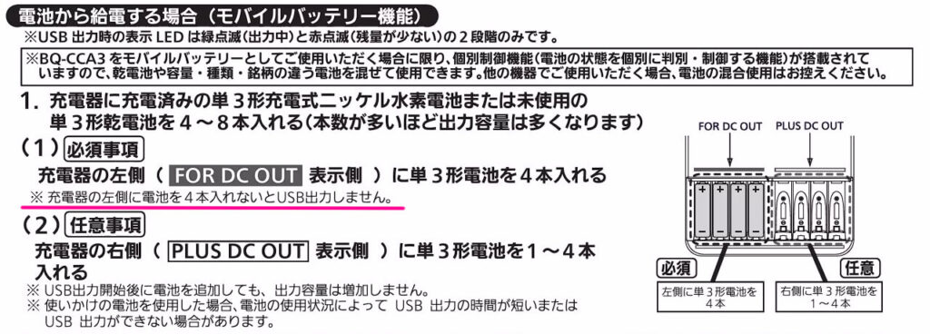 パナソニックBQ-CCA3のモバイルバッテリー使用時の注意点 図解