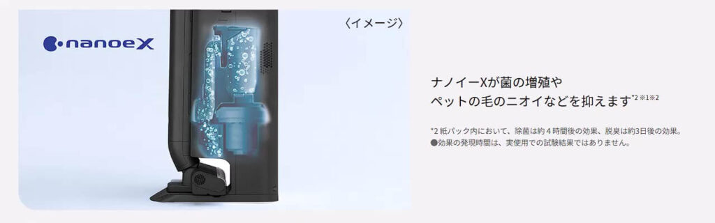 パナソニック MC-NS10KEのナノイーX搭載クリーンドック|菌の増殖やペット臭を抑える効果イメージ