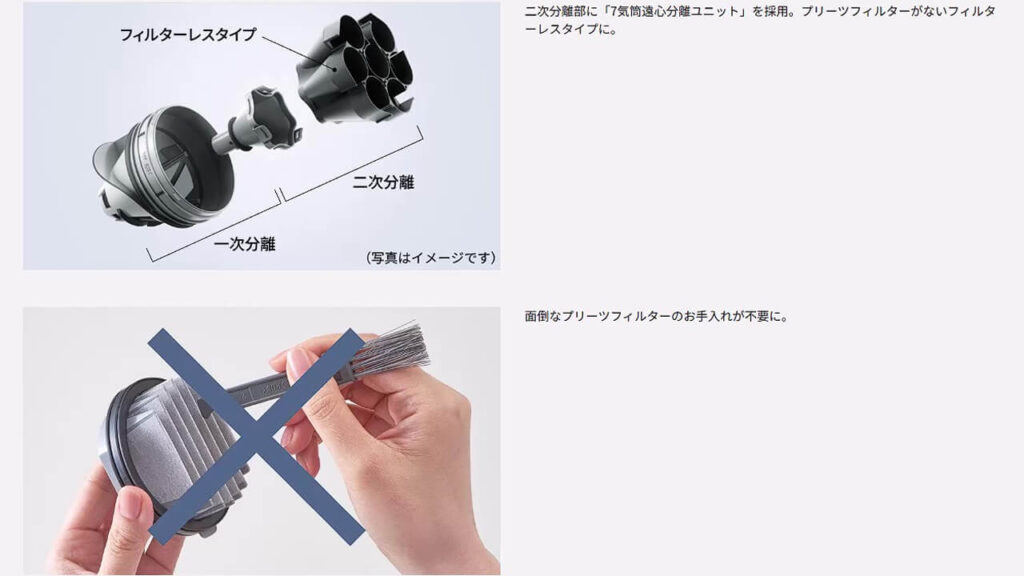 MC-NX700Kのフィルターレスサイクロン構造（7気筒遠心分離ユニットのイメージ）