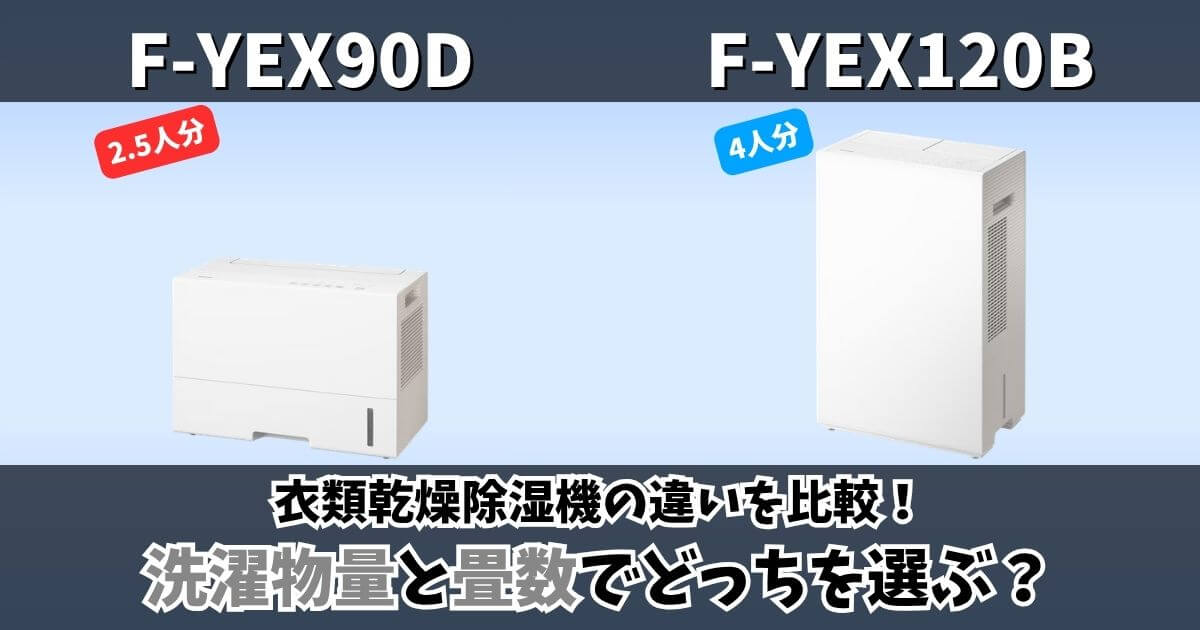 F-YEX90DとF-YEX120Bの違いを比較した画像｜洗濯物量2.5人分と4人分の衣類乾燥除湿機の比較